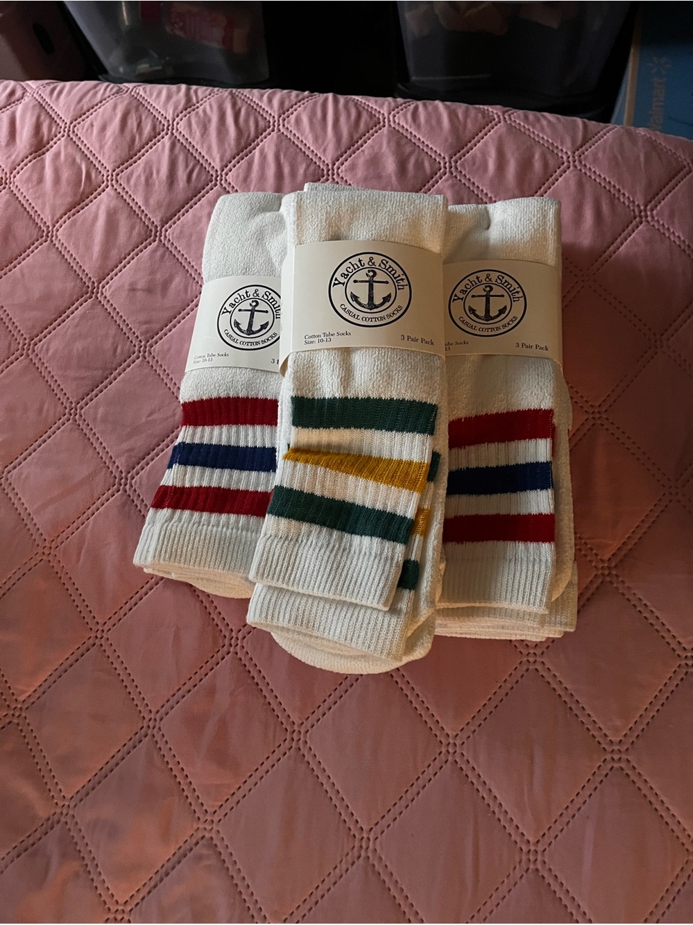 Men's White Athletic Crew Socks with Colored Stripes (3-Pack) 9 pairs
